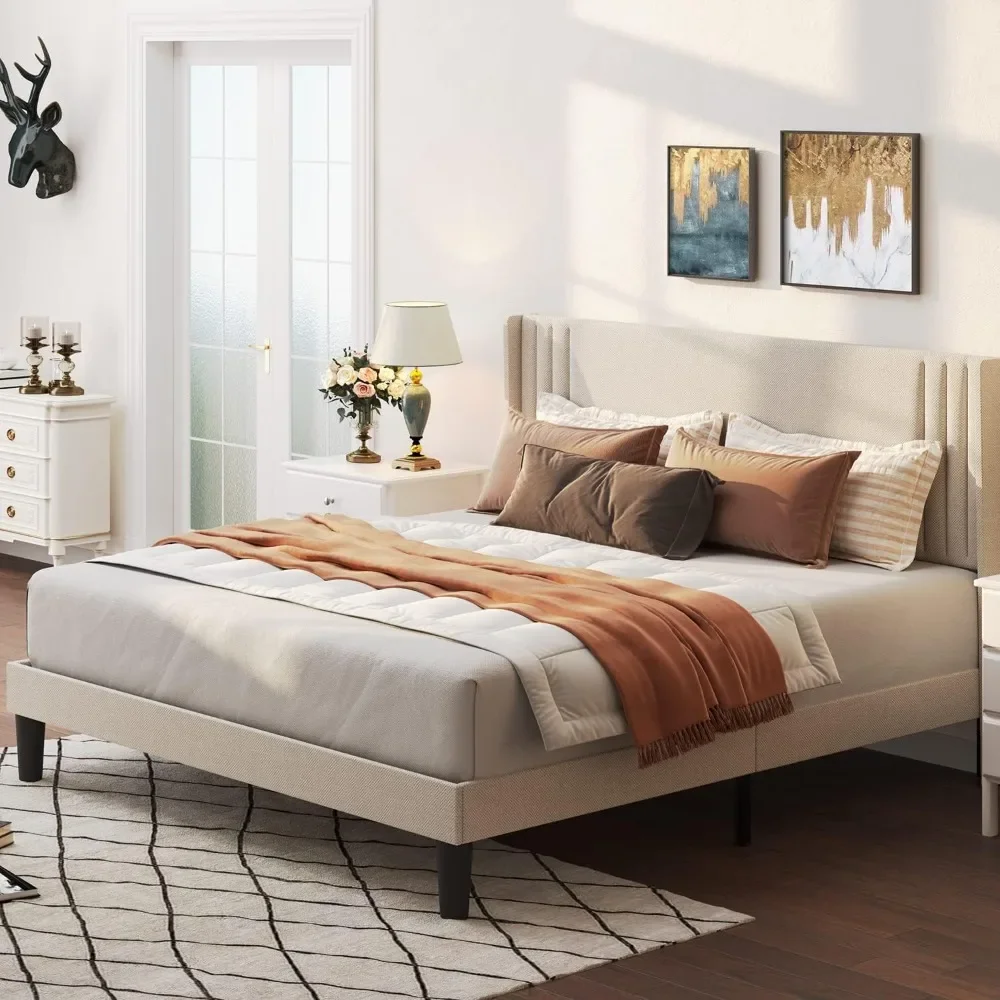 Queen Bed Frame with Wingback Headboard, Upholstered Platform Bed with Modern Geometric Headboard, Wooden Slats