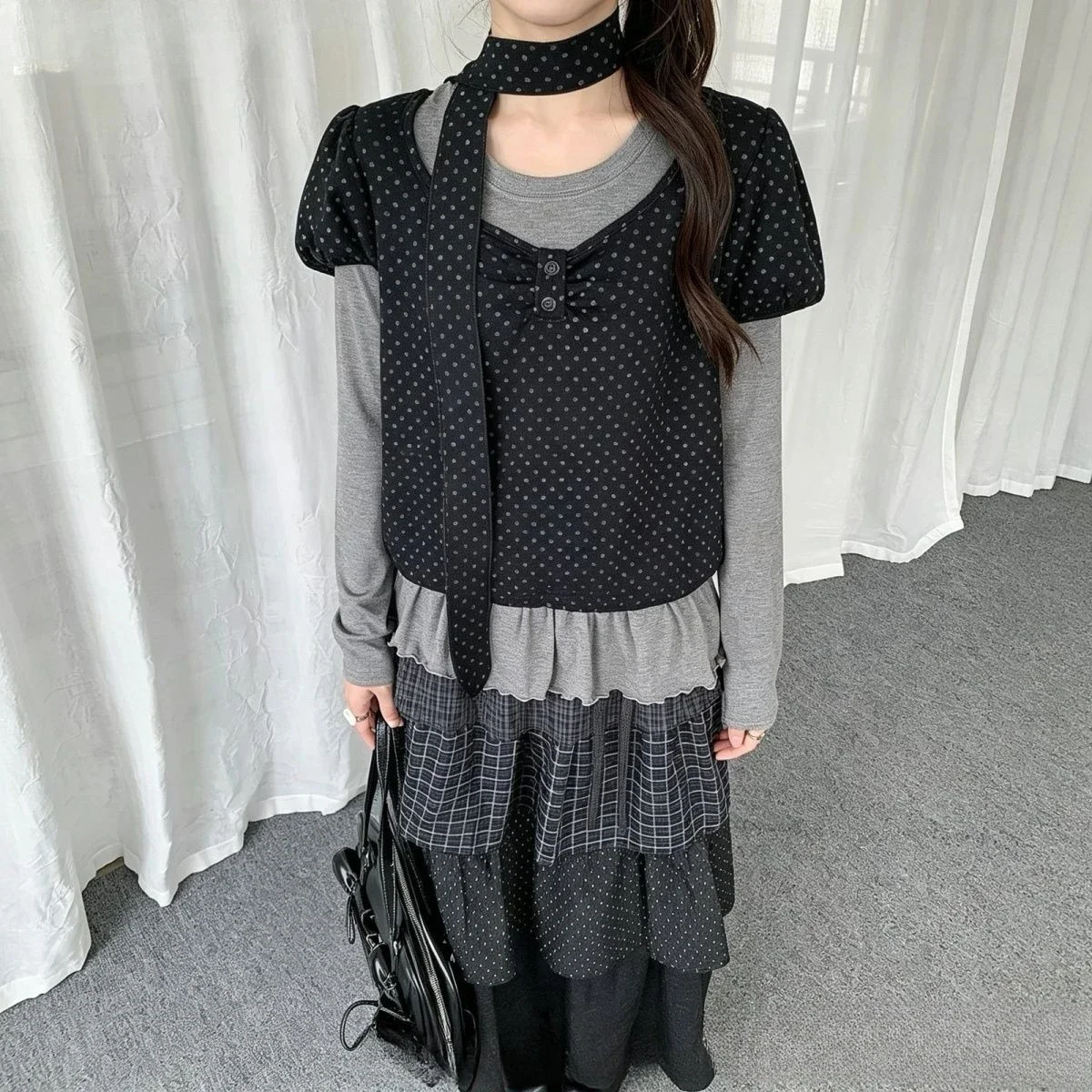 Y2K Style 2000s Spliced Long‑Sleeve Pullover Two‑Piece Women Set Slim‑Fit Vintage Blouse Korean Casual Daily Fashion Outfit Tops