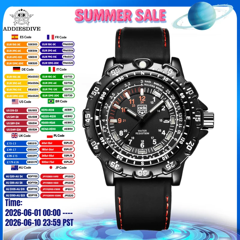 ADDIESDIVE Outdoor Sports Luminous Tube Quartz Wrist Watches 50M waterproof Men Black Silicone Watch Clock Men\'s watch