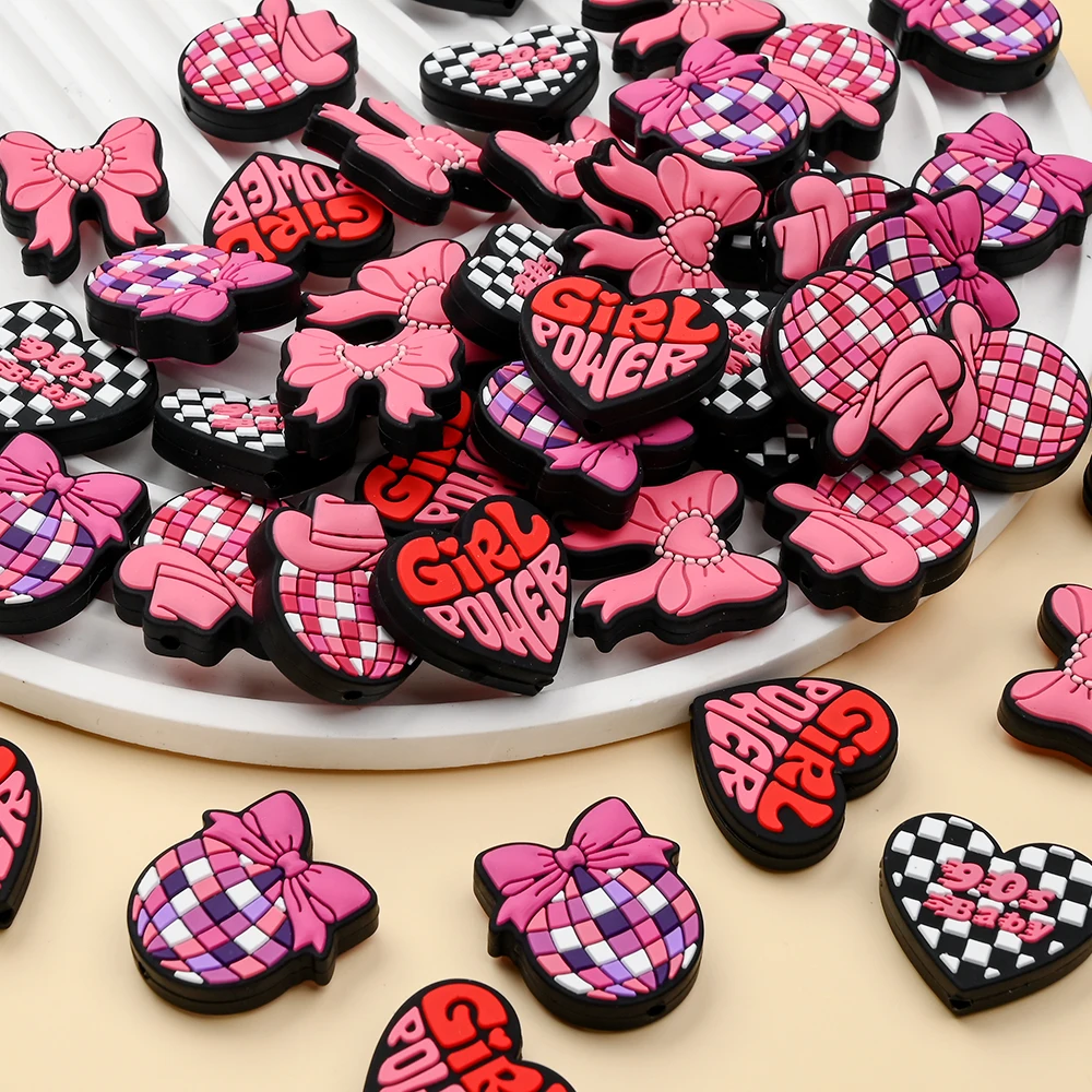 

5Pcs Mix Silicone Bead Heart Bow Disco Ball Shaped For Food Grade Focus Beads DIY Pacifier Chain Jewelry Accessories Making
