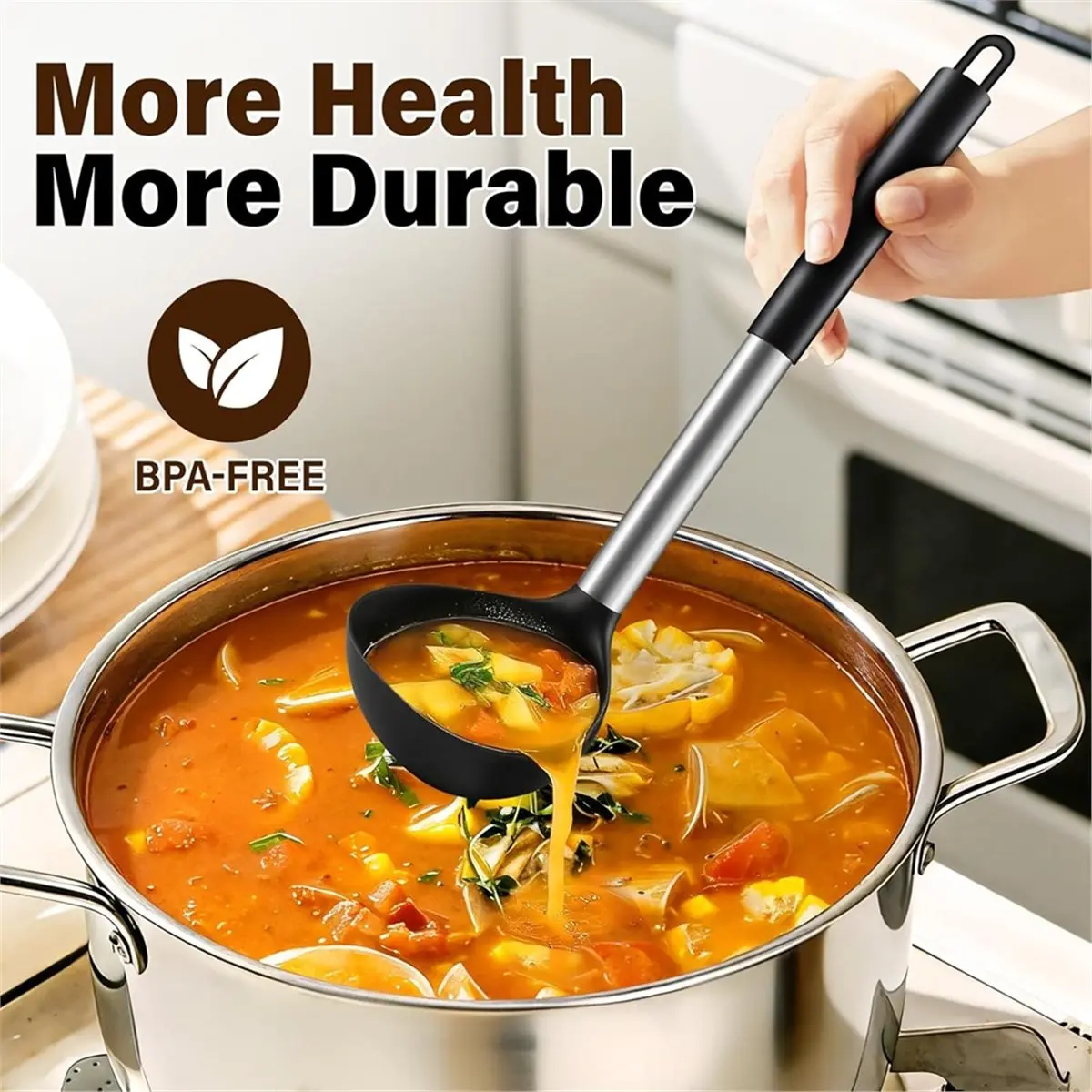 Utility Design 3 Pcs Silicone Cooking Spoon Set, Kitchen Utensils Include Solid & Slotted Spoon, Soup Ladle, Non-Scratch Spoons