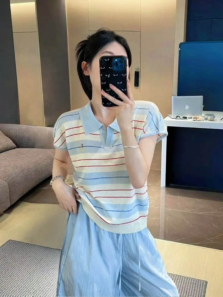 

Korobov Summer Korean Turn Down Collar Knitted Slim Striped Cartoon Embroidery Women's T-shirts