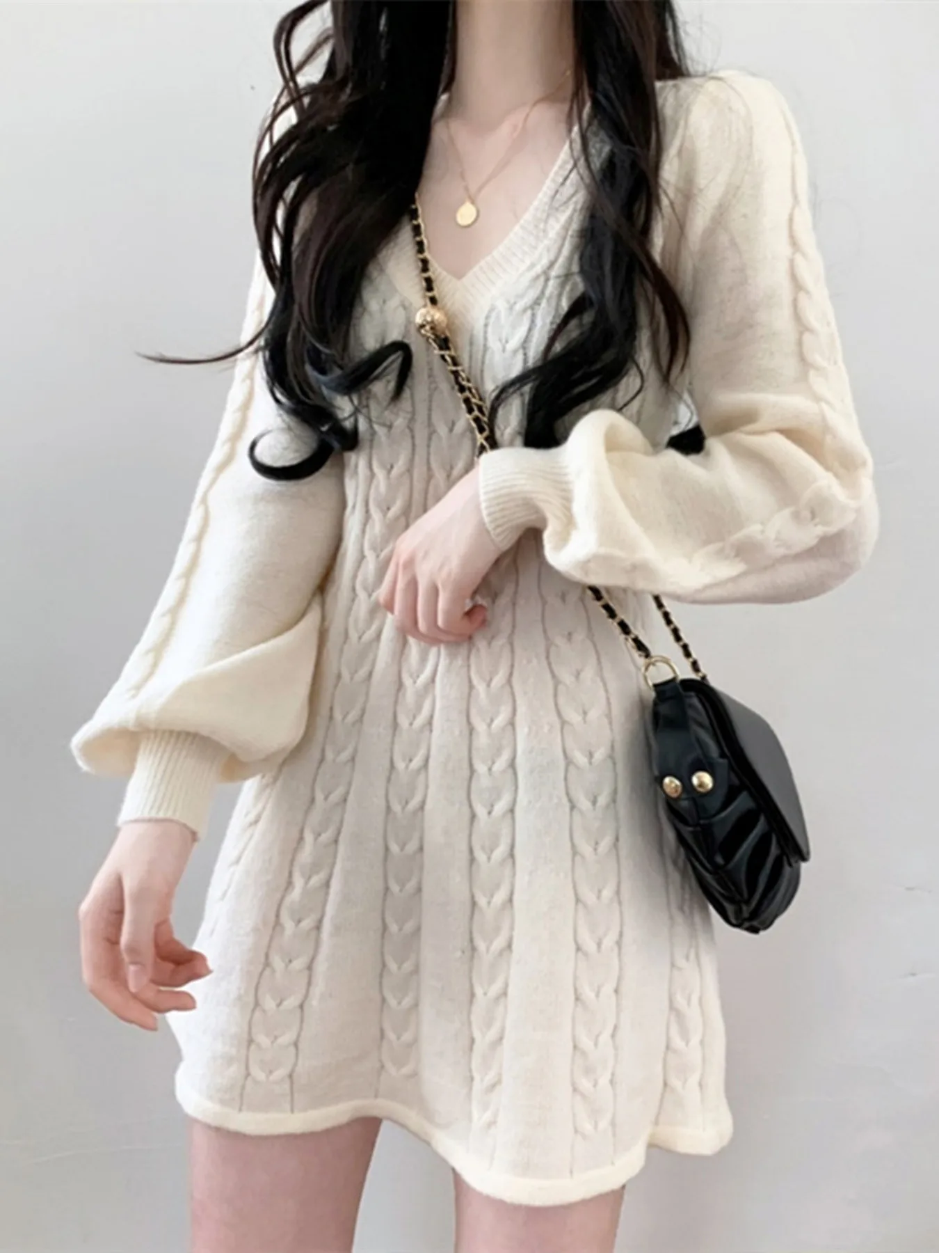 Solid Casual Mini Dress Women New Autumn Long Sleeve V-Neck Basic Knitted Short Dress Soft Korean Fashion Slim