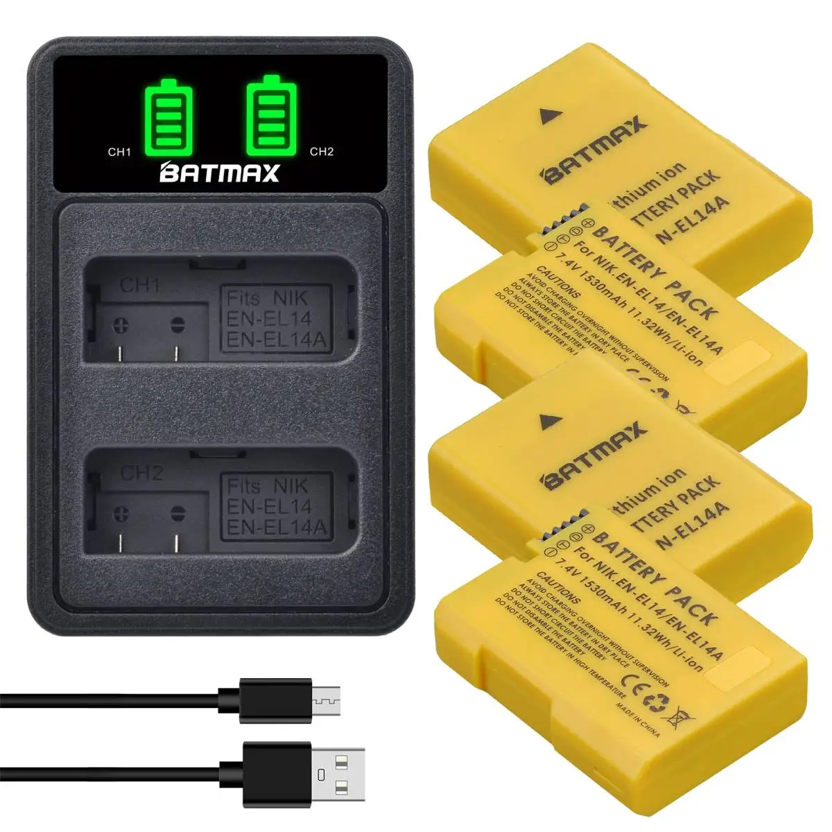 Batmax EN-EL14 EN-EL14a Battery+LED Dual Charger for Nikon P