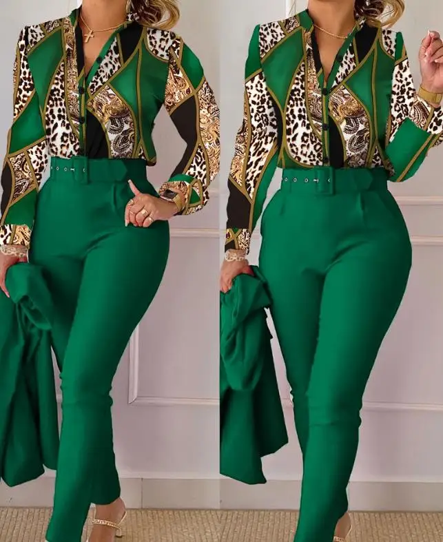 

Women's Commuting Suits 2024 Summer Lautumn Atest Stand Collar Chain Print Colorblock Long Sleeve Shirt & High Waist Pants Set