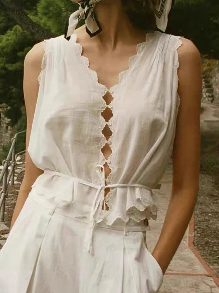 2024 Summer Women Lace-Up V-Neck Vest Embroidery Scalloped Edging Hollow Out White Ladies Sexy Sleeveless Tank Tops