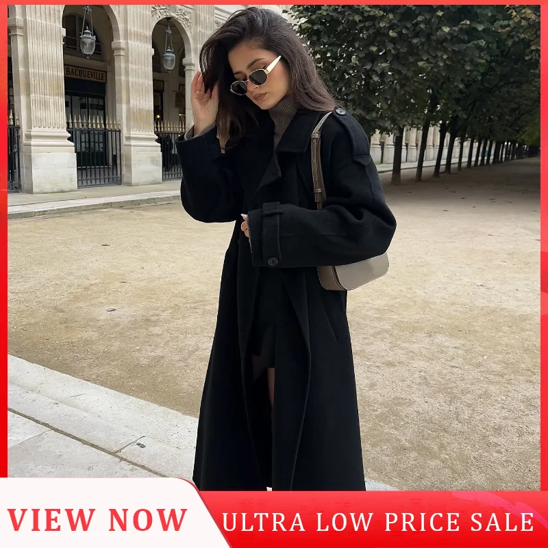 New Classic Black Belted Wool Blends Overcoat For Women Chic Full Sleeve Double Breasted Lapel Long Coat Ladies Loose Streetwear