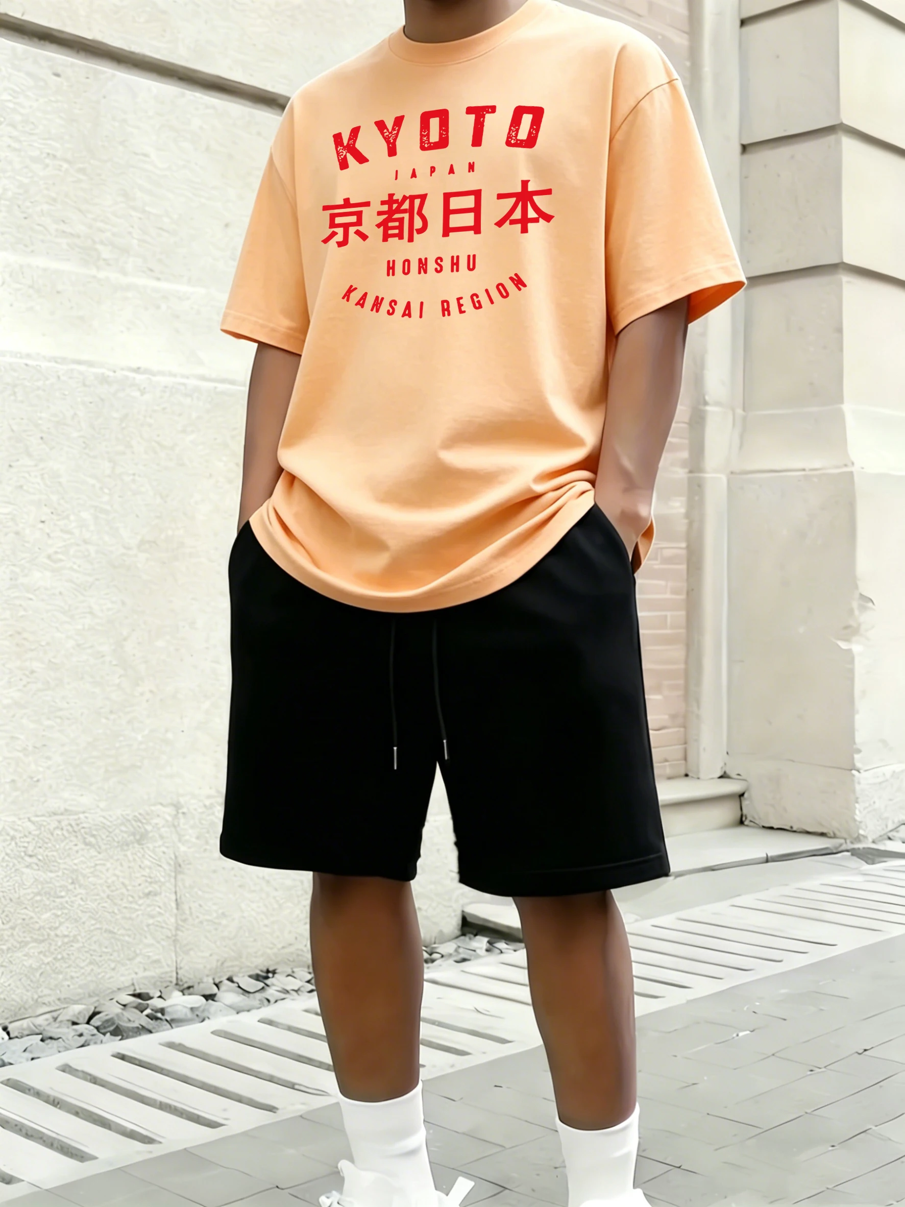 Camiseta de Verano de Algodón Estampada de Kyoto, Japón, Honshu, para Hombre, Estilo Urbano, Holgada, Deportiva, Oversize, Pantalones Cortos Diarios, Ropa Hip Hop