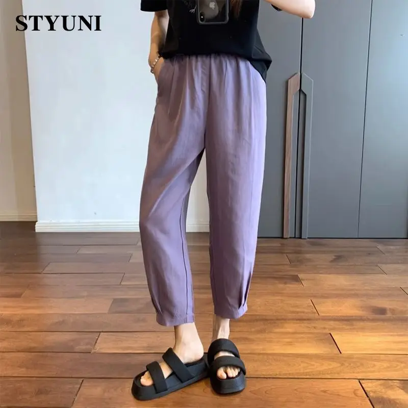 Purple Solid Casual Elastic High Waist Wide-Leg Soft Silky Women's Pants Korean Fashion Sweatpants Ankle-Length Pants For Women