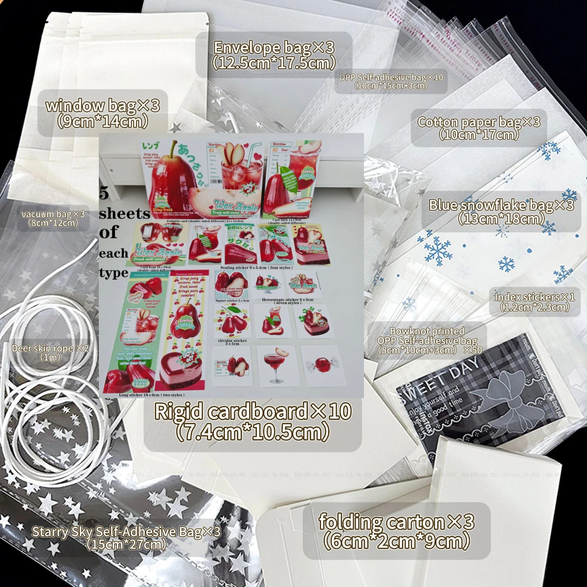 184pcs WaxApple Design DIY packaging decorating set-foldable cards,stickers,OPP self-adhesive bags-used Kpop,Birthday gift
