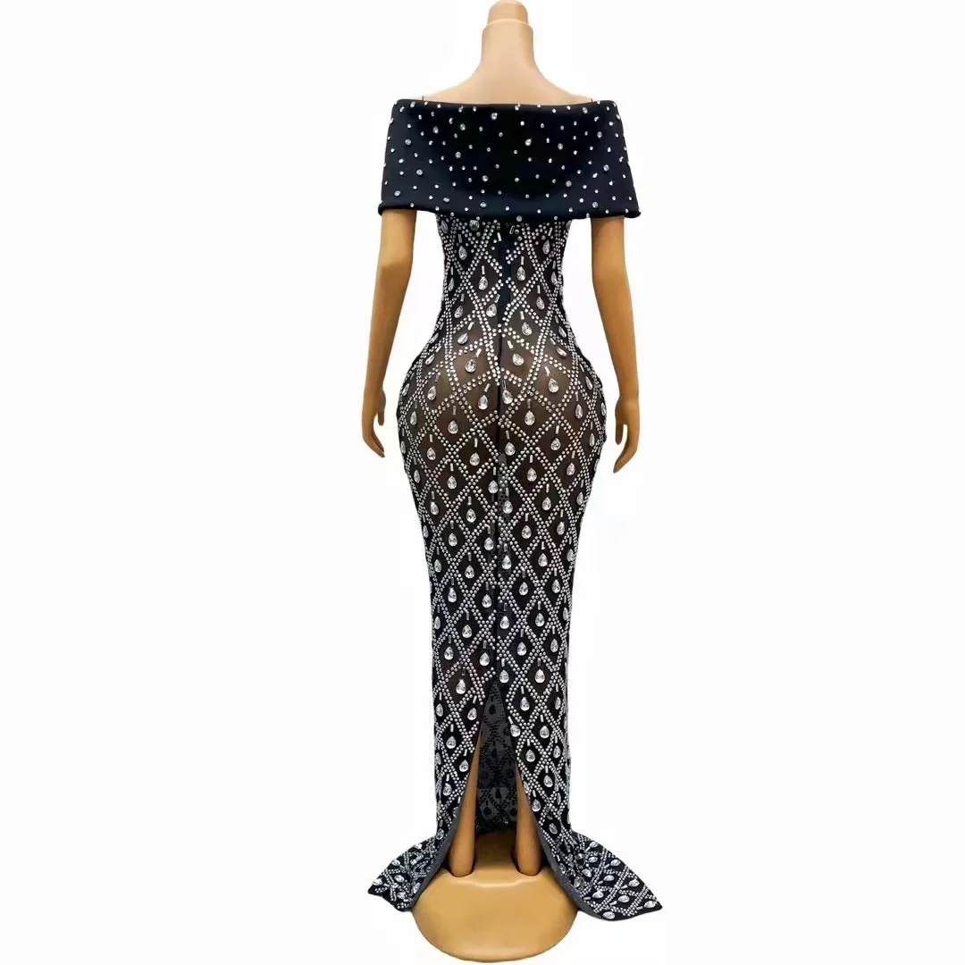 New Models Black Dress Slim Fit Sexy Evening Party Celebration Crystals Rhinestones Bling Fashion Performance Clothes