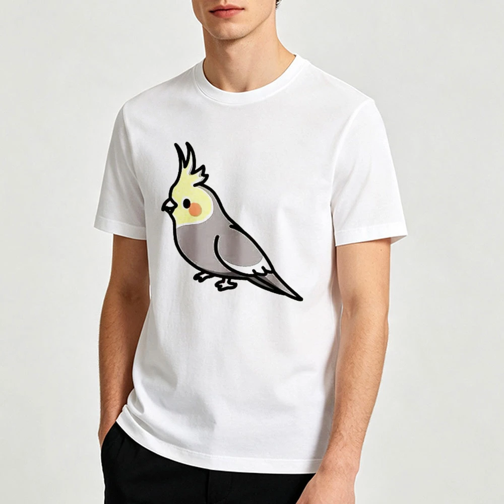 Adorable Cartoon Cockatiel Parrot Minimalist Line Drawing Print Men White T Shirt Cute Pet Bird Lover Graphic Tee