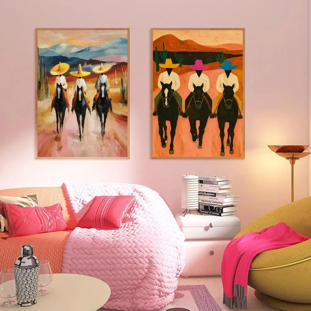 Southwestern Cowboys HD Wall Art Poster Colorful Abstract Western Horse Painting Cowboy Illustration Modern Country Decor Gift