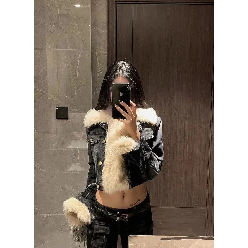 سترة نسائية صغيرة من قماش الدنيم باللون الأسود من صوف الضأن مرقعة سميكة ودافئة مبطنة بالقطن معطف مقصوص ملابس خروج عصرية للخريف #6