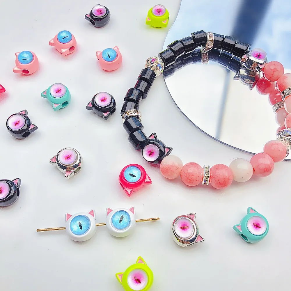 1pc Rotundity Bracelet Diy Beading Perforated Bead Funny Cartoon Eyes Beads DIY Mini Cat Shaped Beads DIY Jewelry Accessories