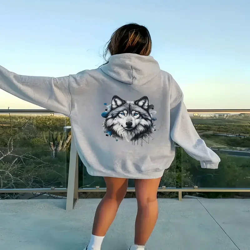 

Женская повседневная одежда, повседневный пуловер с капюшоном и принтом волка, уютный дизайн с капюшоном на шнурке и длинными рукавами для осенних и зимних сезонов