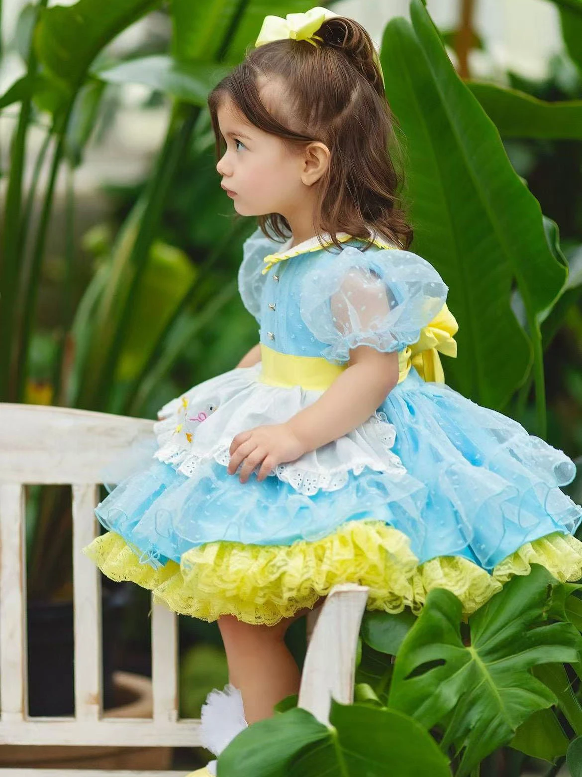 Baby Girl Summer Ducks Embroidery Blue Yellow Mesh Turkish Dress for Birthday Holiday Photography Eid Party Casual