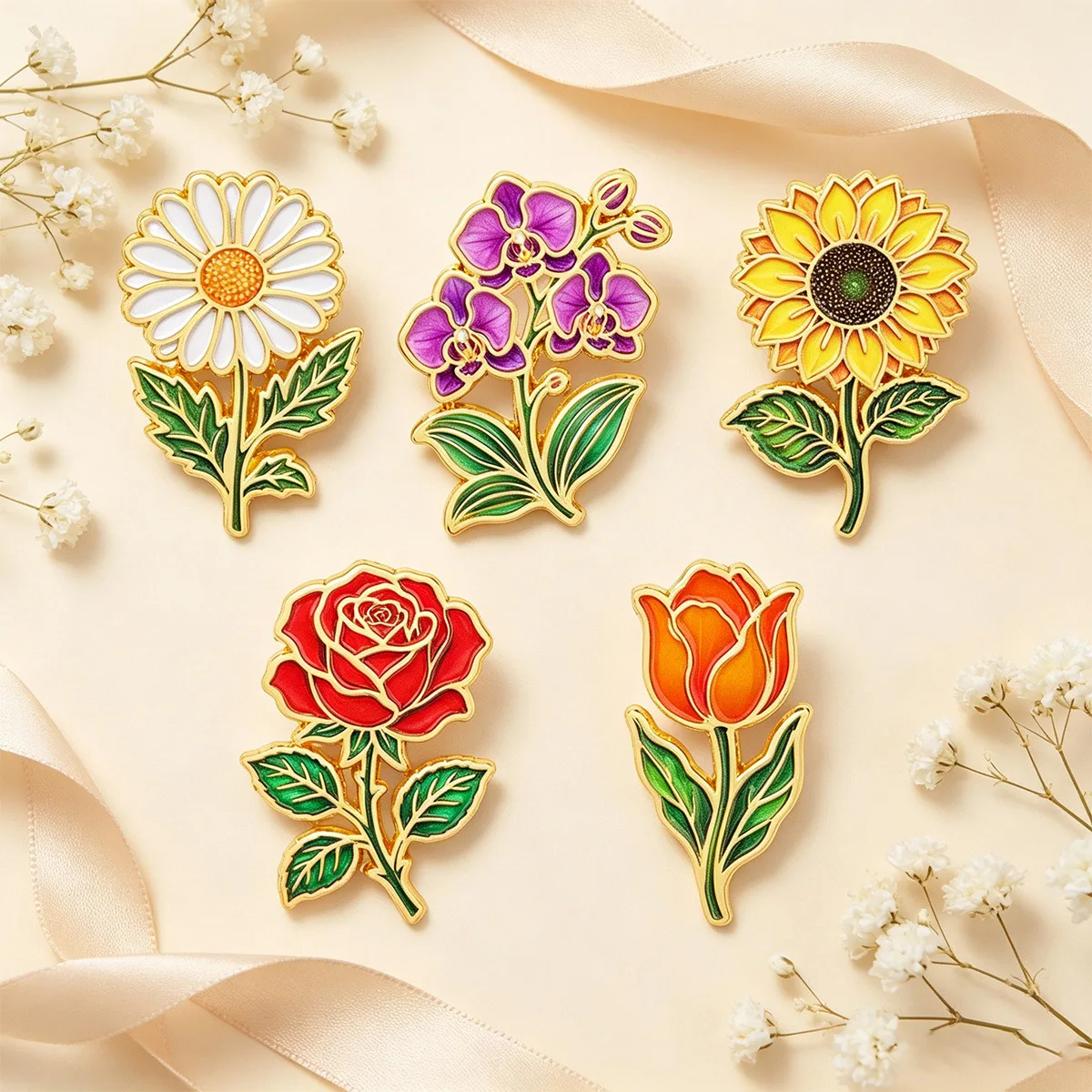 Flower Enamel Pins Daisy Sunflower Badges Rose Tulip Orchid Metal Lapel Pin Brooch Backpack Jacket Hat Clothing Decor DIY Gift