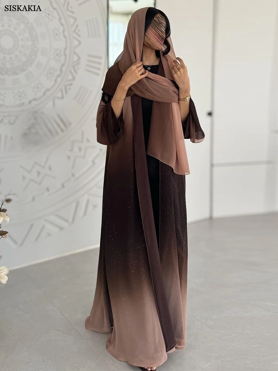 Siskakia Fashion Chiffon Gleam Shiny Gradient Long Sleeve Open Abaya Caftan Marocain Femme Saudi Luxury Woman Evening Dress