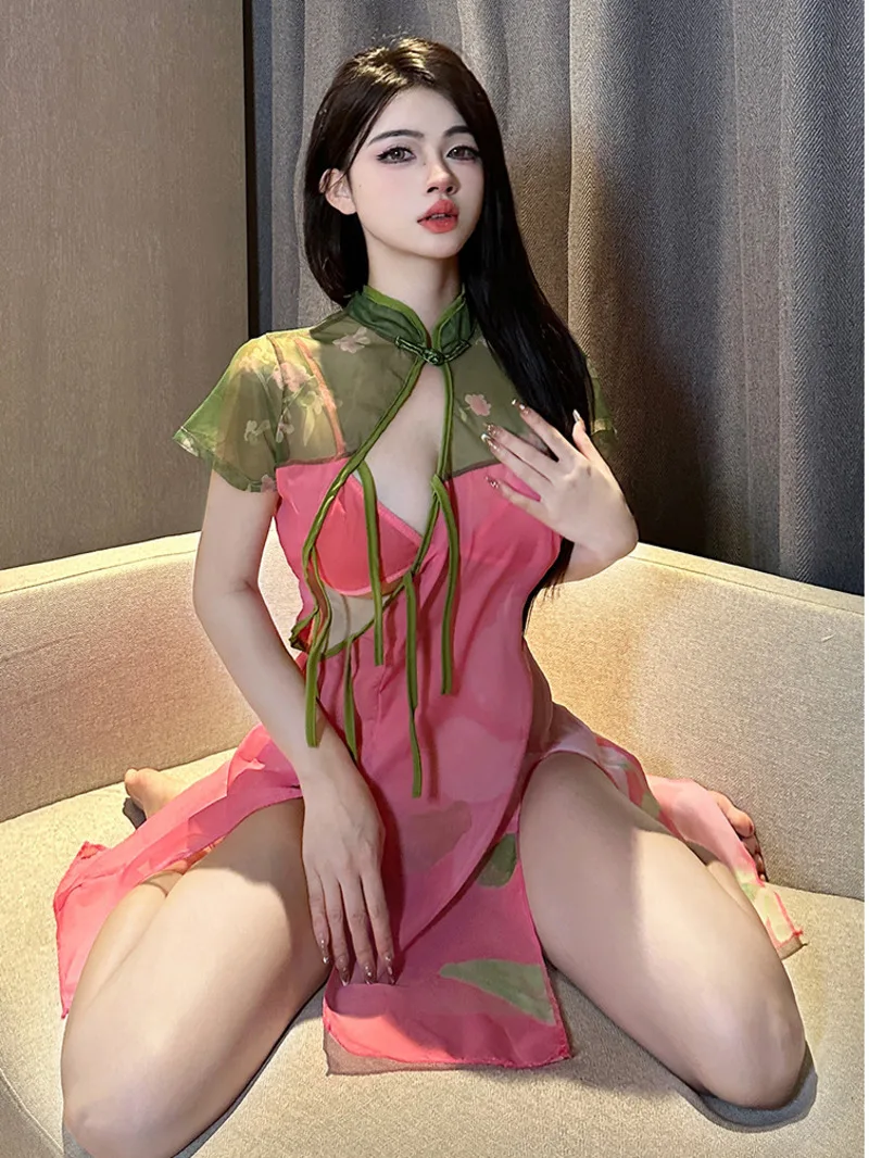 Mesh Sheer Mini Dress T Short Lingerie Cheongsam Hanfu Hot Perspective Classic Printed Uniform Christmas Dress Elegant 5HF7