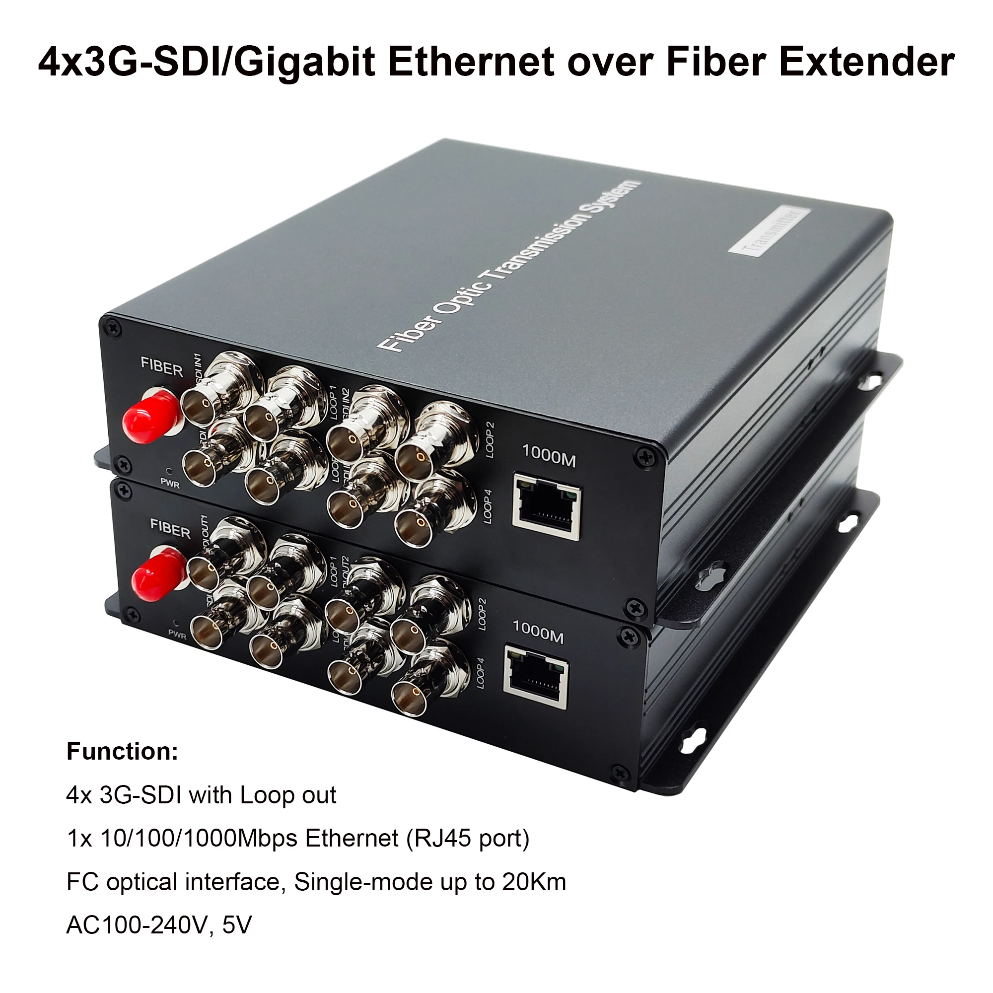 4 Port 3G HD SDI Gigabit Ethernet over Fiber Optic Media Converters, Uncompressed, HD Video Audio Extender by Fiber 1 Pair