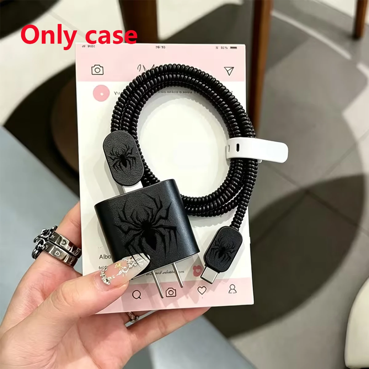 5Pcs Black Spider Leather Texture Charger Protective Cover Set, Cute Cable Saver Sleeve for 20W iPhone Charger, Anti Break Charg