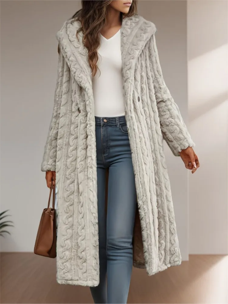 Autumn And Winter Fashion Long Hooded Tweed Coat Women's Fashion Casual Commuting Double-breasted Solid Color Long-sleeved Top