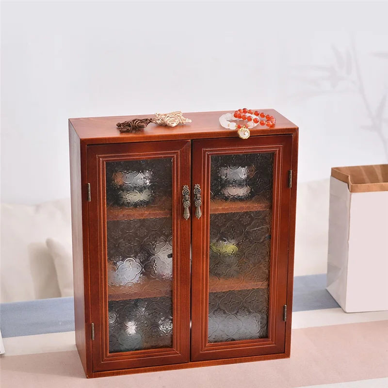 

ABLG Wooden Bedside Storage Cabinet Organizer Wall Cabinet Vintage Wooden Display Cabinet Double Door, Third Floor