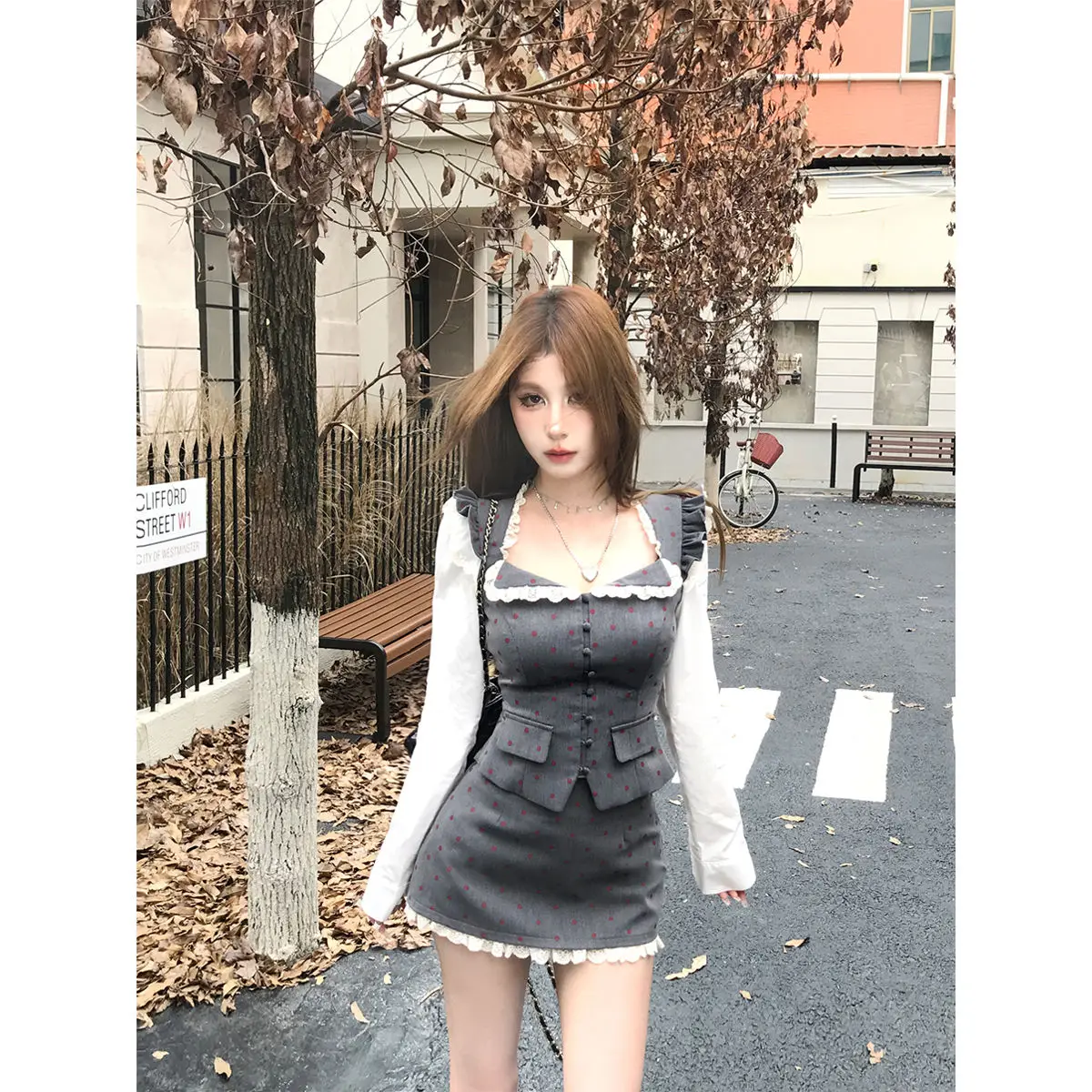 Winter Gray Vintage New Two Piece Set Women Kawaii Lace Tops+sweet Mini Skirt Female Korean Fashion Elegant Japanese Suit 2024