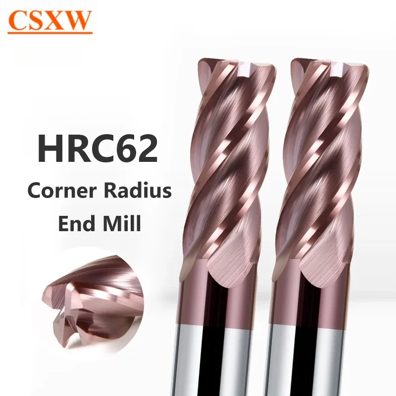 CSXW HRC62 Corner Radius End Mill CNC R Bull Nose Milling Cutter Metal Router Tungsten Carbide Steel Tool R0.5 R1 4Flutes