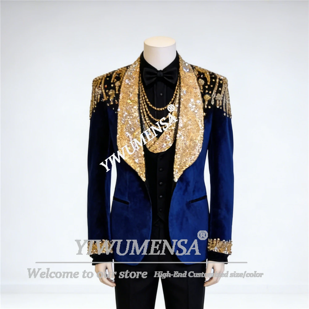 

Sparkly Sequins Velvet Suits Men 3 Piece Groom Wedding Tuxedos Customized Beaded Crystals Prom Blazer Customized Banquet Outfits