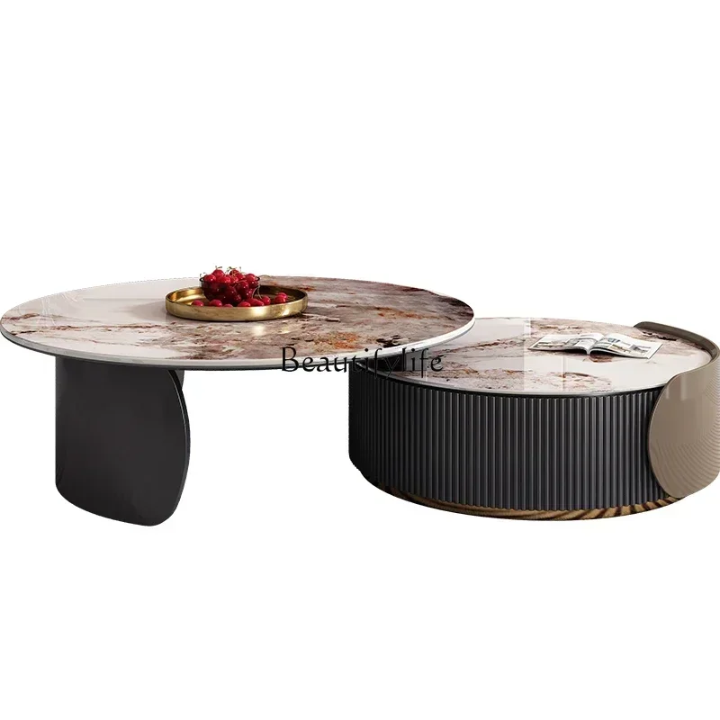 3Light luxury round coffee table Modern living room Simple small apartment New rock slab round coffee table