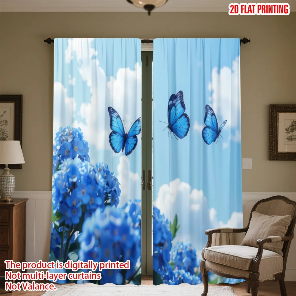 Stampa Piatta 2D 2 Pezzi Tenda Farfalle Su Fiori Blu Tende In Poliestere Stampate Digitali Tende Festive Per Le Vacanze