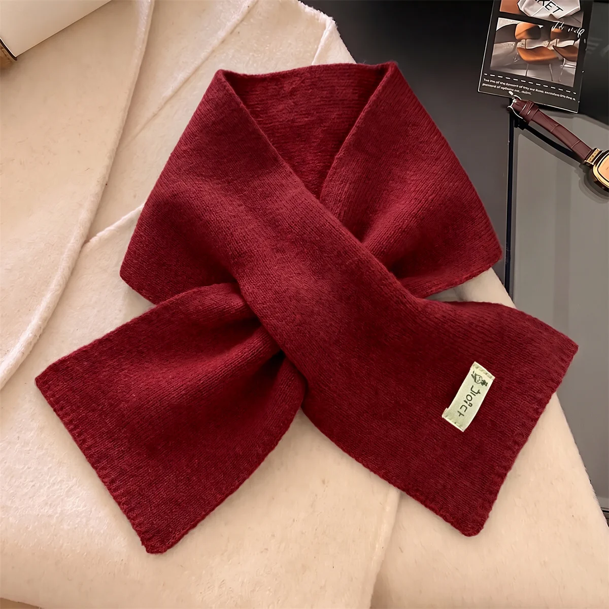Women Solid Color Knitted Scarf Soft Thick Neck Warmer With Label Decor Simple Style Casual Daily Wear Ladies Neck Scarves