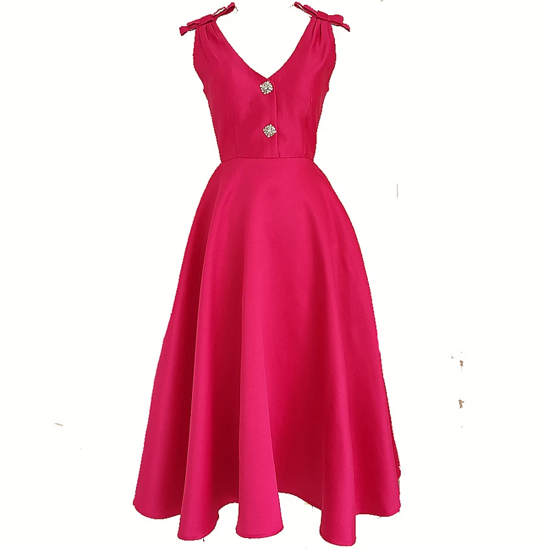 Vestido de cintura alta estilo Hepburn francês para mulheres, arco 3D, gola V de diamante, bainha grande, vestidos femininos, indústria pesada, primavera e verão, 2022