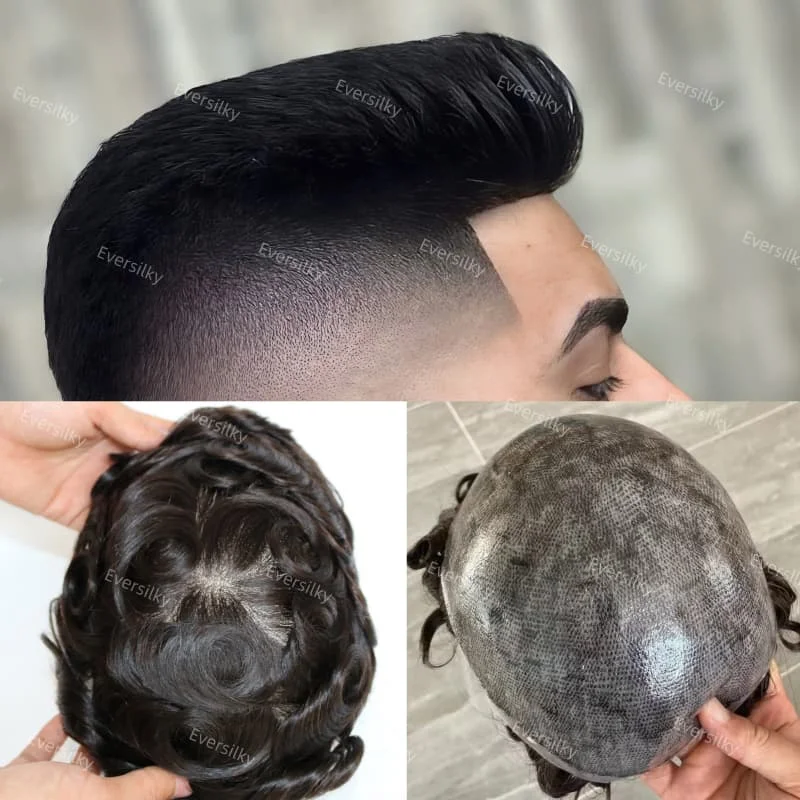 سوبر رقيقة الجلد 0.1 مللي متر-0.12 مللي متر Microskin كامل بولي Men الرجال الشعر المستعار 130% الكثافة 100% نظام استبدال الشعر البشري الشعرية الاصطناعية #2