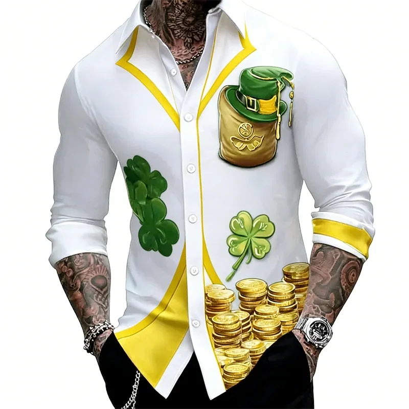 The New Shirt Features an Image of a Gold Coin and a Three-leaf Clover Pattern, and Is a Stylish and Luxurious 3D Printed Short-