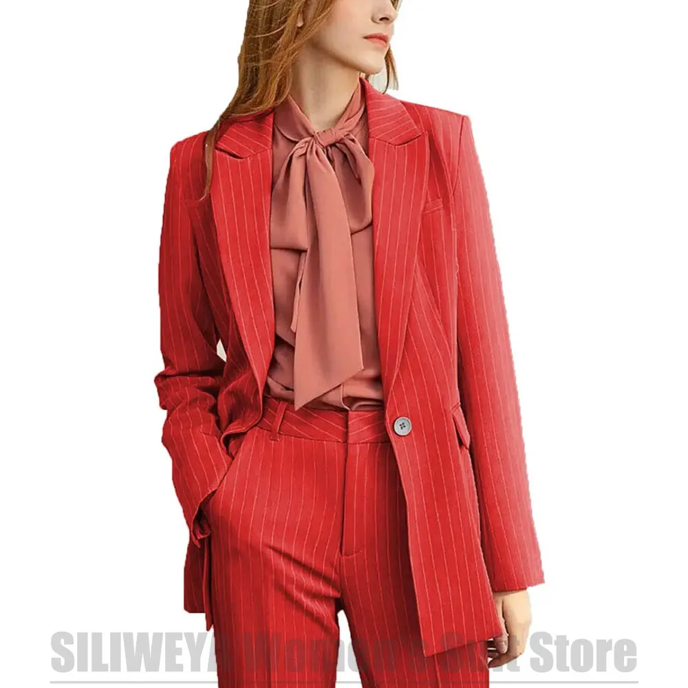 Fashion Striped Women Suit 2 Piece Set Elegant Slim Fit Formal Office Work Outfit One Button Smart Casual Suits (Blazer+Pants)