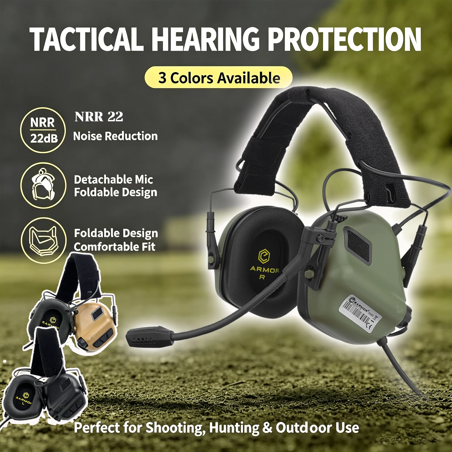 EARMOR M32 SE Electronic Shooting Ear Protection w/Mic, NRR 22 Active Noise Reduction Hunting Earmuffs, U-174 NATO