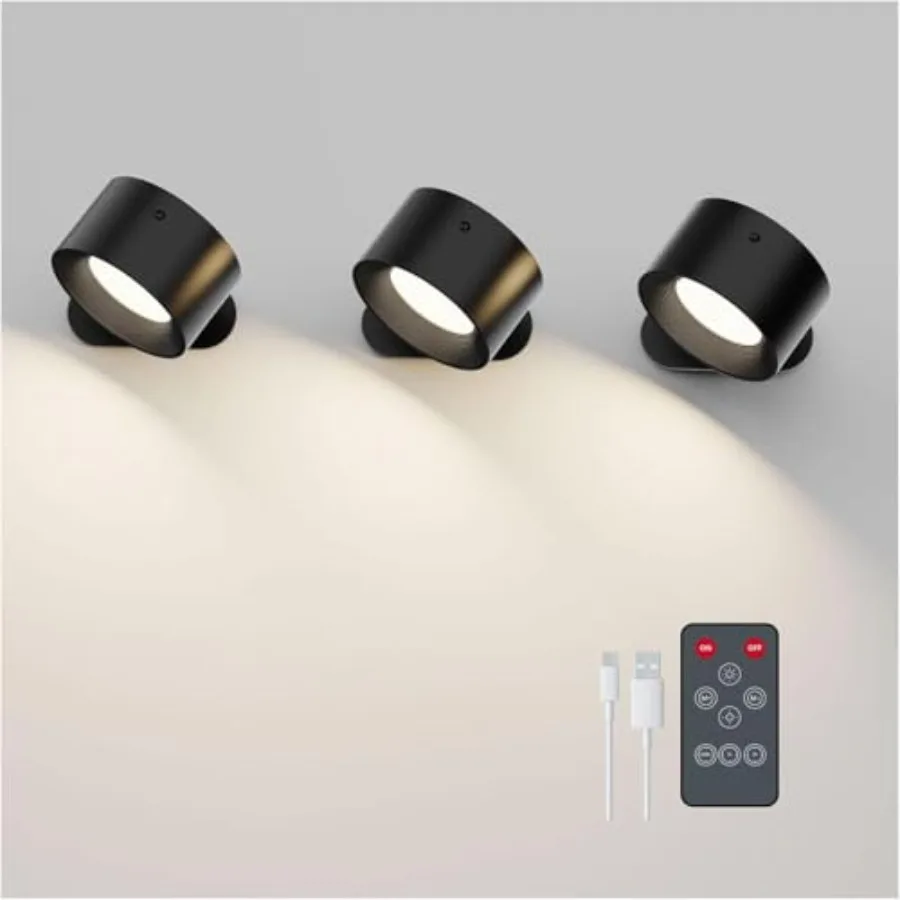 

3PACK Romote LED Wall Sconce - Rechargeable Wall Light, 3 Colors and 3 Brightness Levels, 360° Magnetic Rotating Head, Bedside