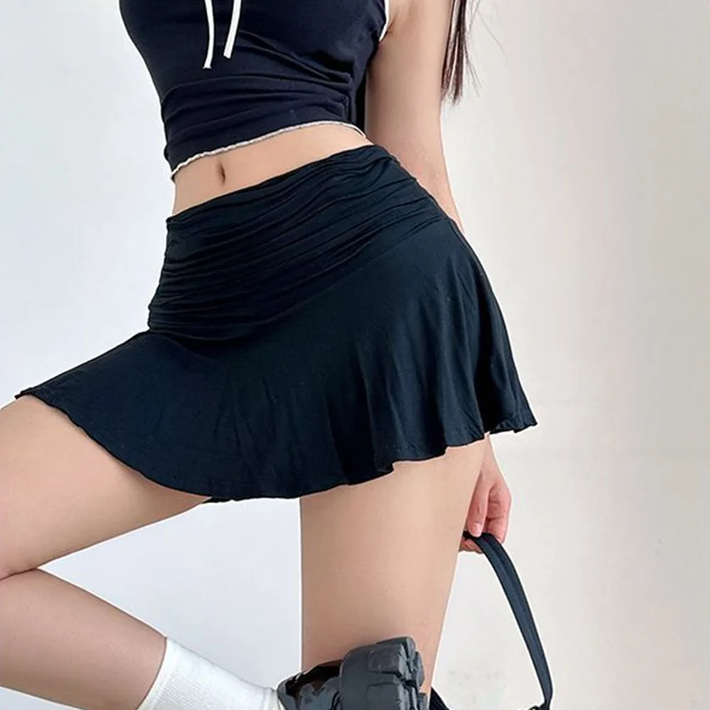 Built in Shorts Women Low Rise Skirt Draped Front Flared Hem Safety Shorts Skirt Soft Touch Solid Color Spring Summer Streetwear