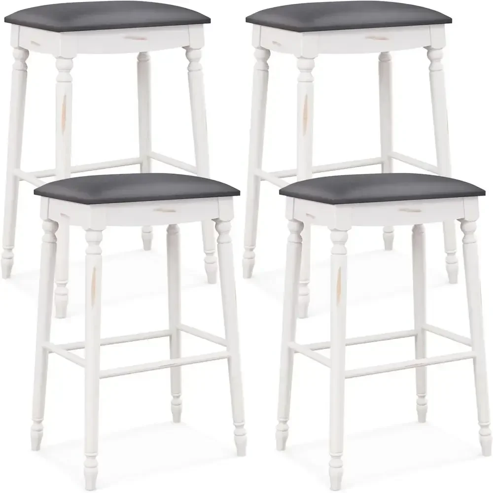 

Set of 4, 29 Antique White Padded Seat Bar Stools with Rubber Wood Legs and Upholstered Backs for Kitchen Island or Home Bar