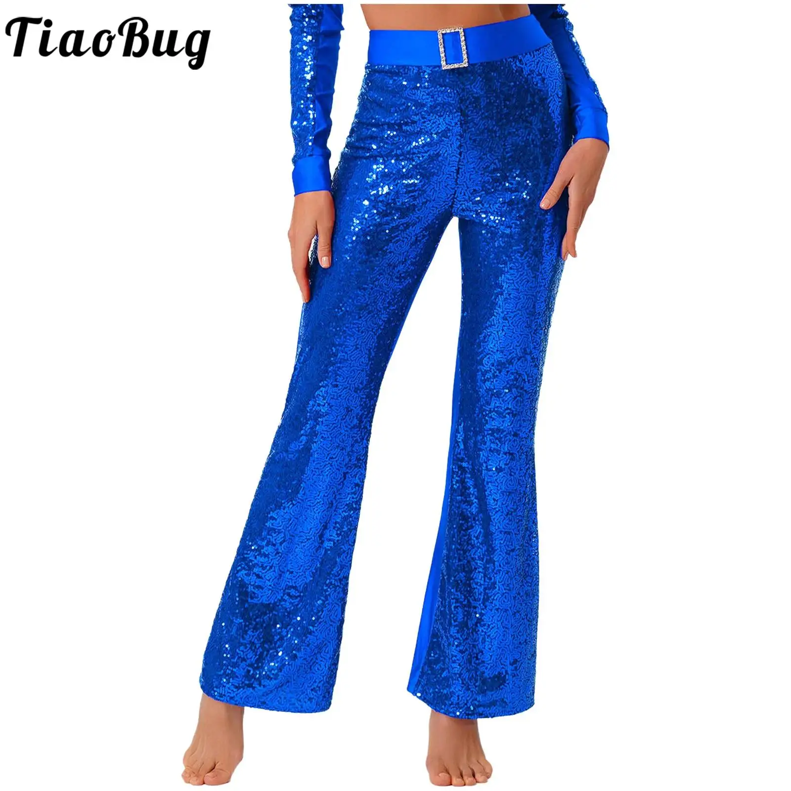 Womens Glittery Sequin Jazz Dance Costume Flared Pants Shiny Bell-bottom Pants for Latin Dance Modern Ballroom Dance Performance