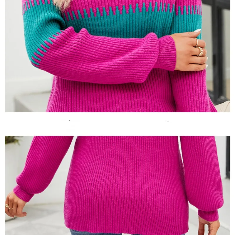 Autumn and Winter Women's Pullover Half High Collar Contrast Screw Thread Patchwork Long Sleeve Sweater Knitted Bottom Tops