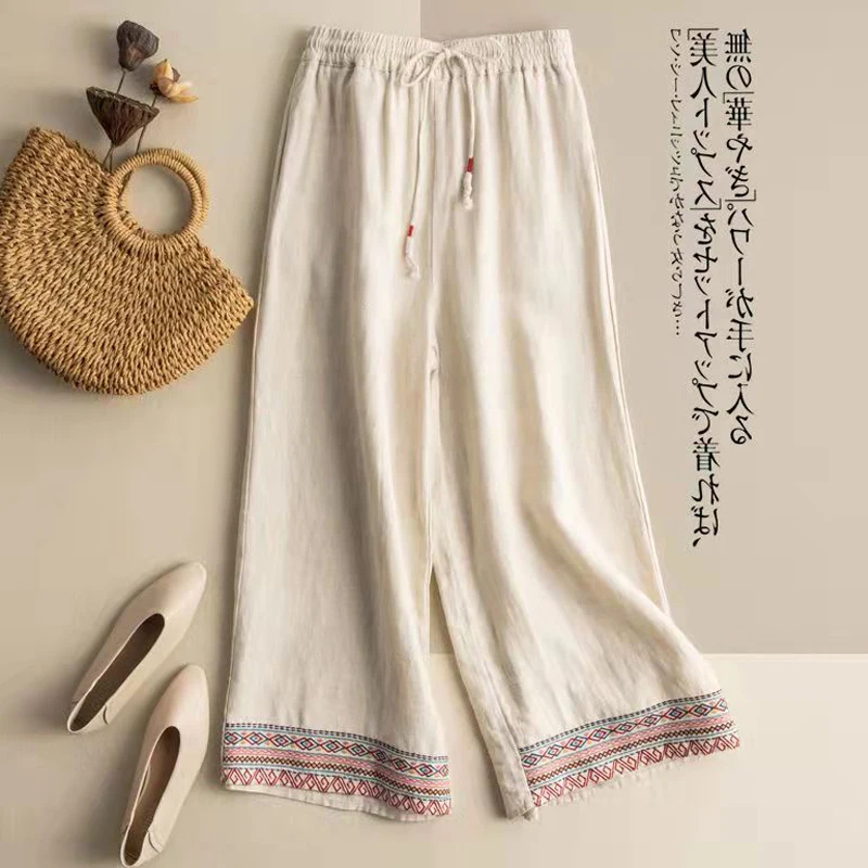 

Хлопковые льняные брюки с высокой талией и широкими штанинами, женские летние тонкие драпированные длинные прямые повседневные льняные брюки в этническом стиле