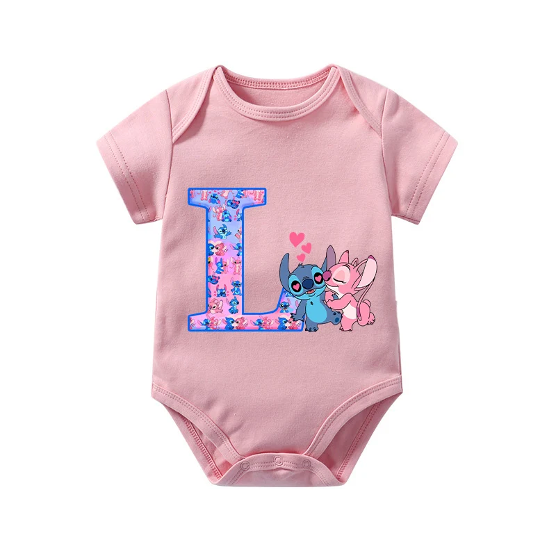 Stitch Angel Baby Girl Romper Disney Summer Kawaii Newborn Clothes New Cute Letter A-Z Bodysuits Kids Short Sleeve Onesie Gift