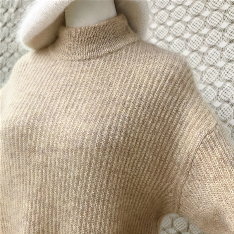 Ladies Women Spring Autumn Clothing Soft Hairy Mohair Wool Knitted Mock Neck Long Flare Sleeves Loose Pullover Sweater Jumper