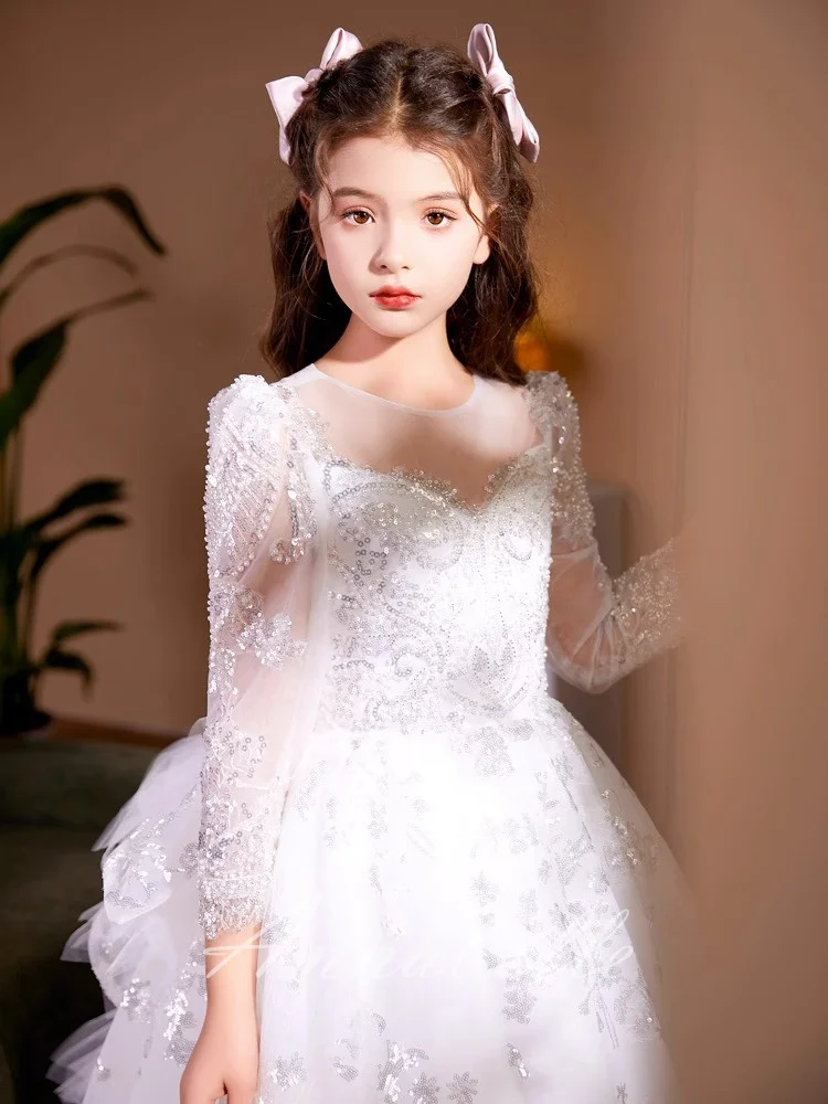 Annabelle Flower Girl Dress Long Sleeve Beading Ball Dress For Wedding Birthday Party First Communion Girl Dress For Girl