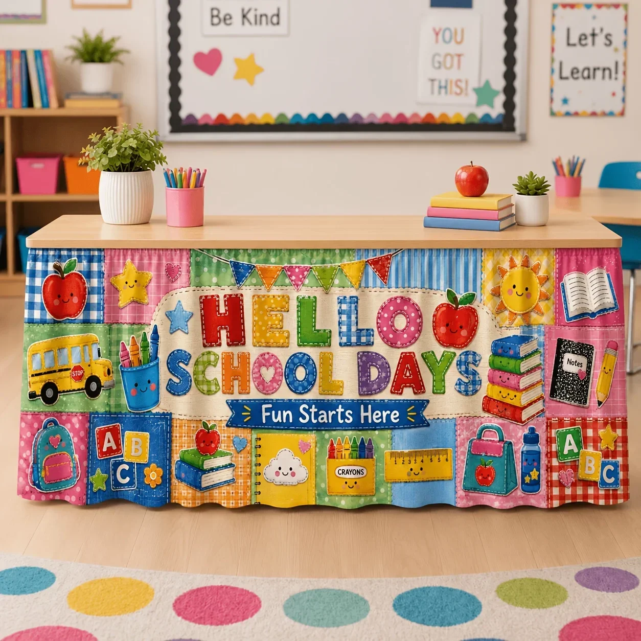Tablecloth table skirt - 1 piece set. Hello Campus Moments. Patchwork printed fabric. School bus apple books.xzj