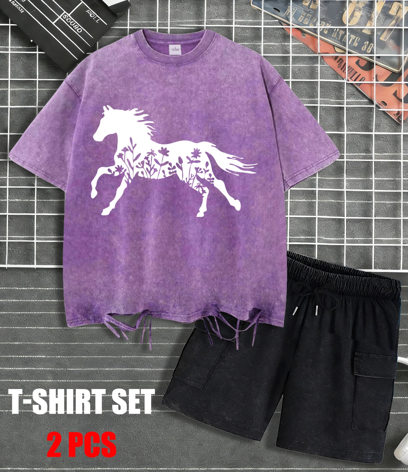 

Flowers And Horses Printed Snow Wash Mens T-Shirts Summer Sportsuit Soft Fashion Washed Clothing Unisex Cotton O-Neck Tops